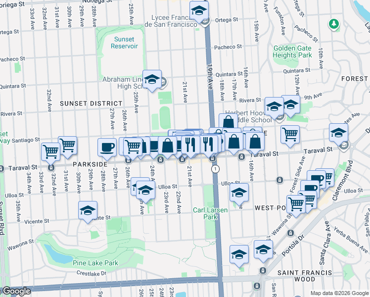 map of restaurants, bars, coffee shops, grocery stores, and more near 1108 Taraval Street in San Francisco