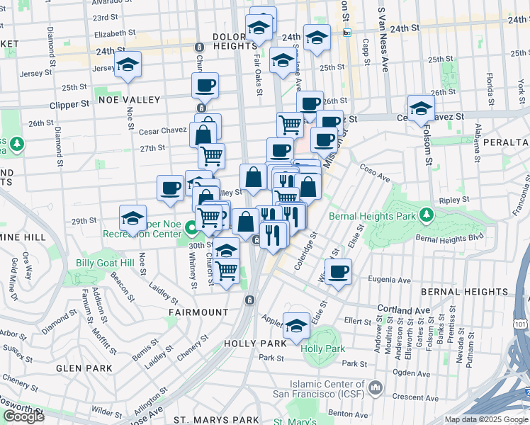 map of restaurants, bars, coffee shops, grocery stores, and more near 149 29th Street in San Francisco