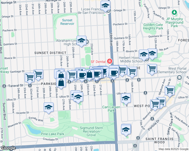 map of restaurants, bars, coffee shops, grocery stores, and more near 2360 22nd Avenue in San Francisco