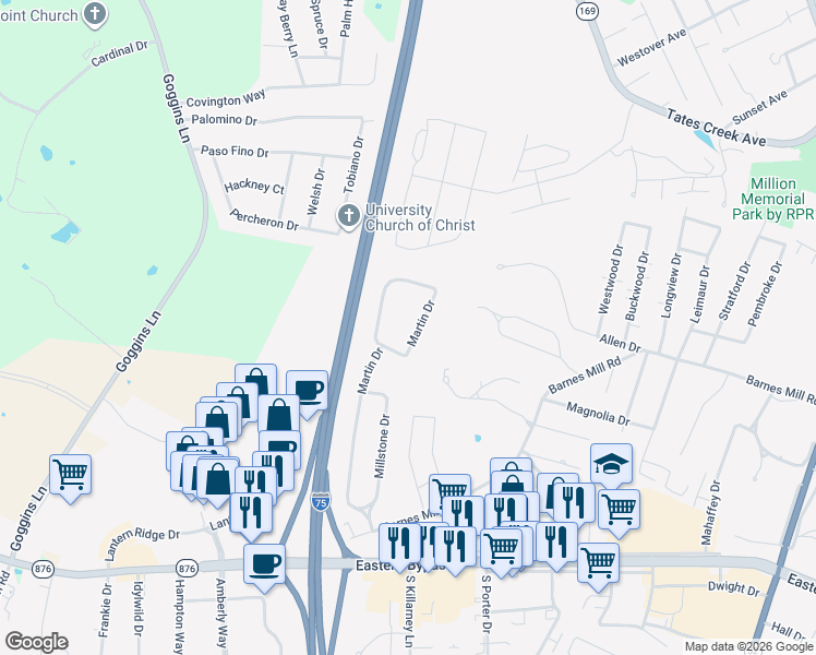 map of restaurants, bars, coffee shops, grocery stores, and more near 616 Martin Drive in Richmond