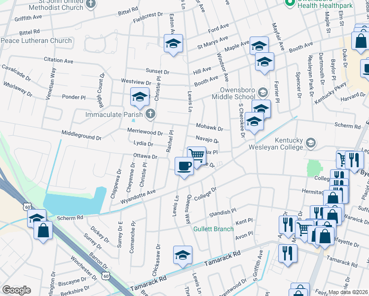 map of restaurants, bars, coffee shops, grocery stores, and more near Lewis Lane in Owensboro