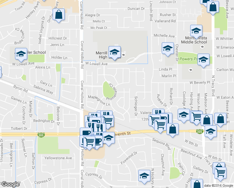 map of restaurants, bars, coffee shops, grocery stores, and more near 1393 Evergreen Way in Tracy