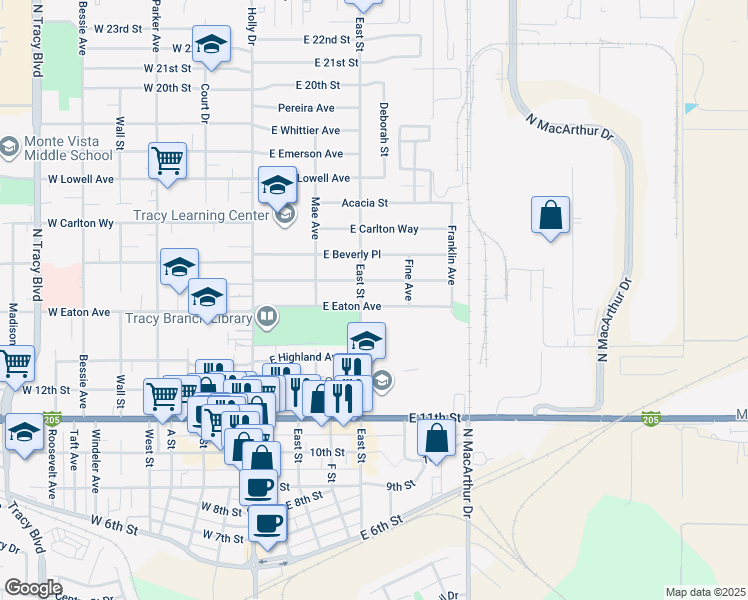 map of restaurants, bars, coffee shops, grocery stores, and more near 318 East Eaton Avenue in Tracy