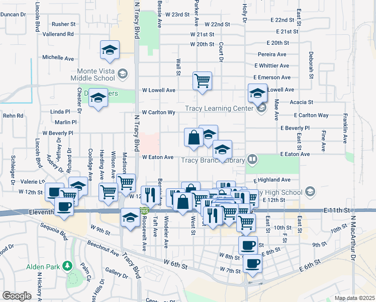 map of restaurants, bars, coffee shops, grocery stores, and more near 354 West Eaton Avenue in Tracy