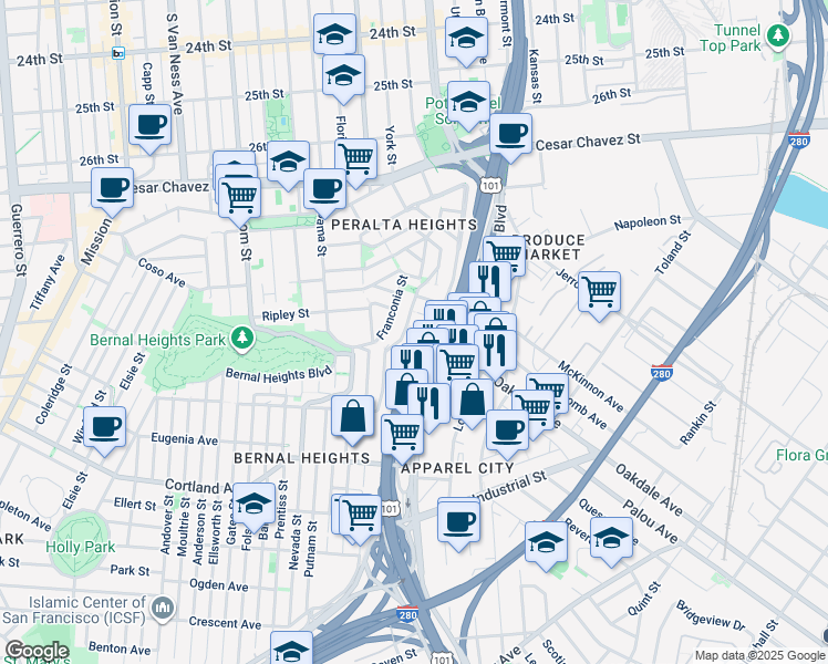 map of restaurants, bars, coffee shops, grocery stores, and more near 416 Holladay Avenue in San Francisco
