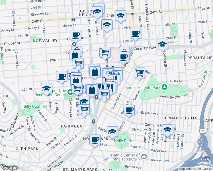 map of restaurants, bars, coffee shops, grocery stores, and more near in San Francisco