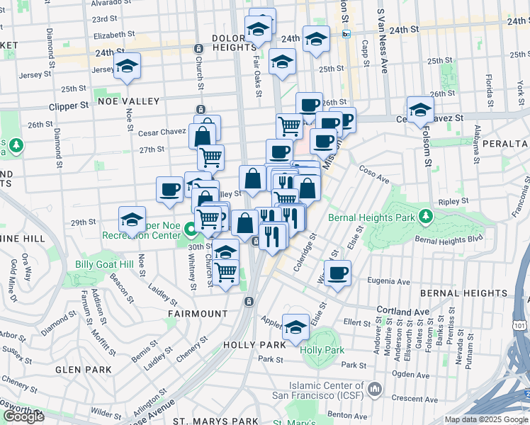 map of restaurants, bars, coffee shops, grocery stores, and more near 1651 Dolores Street in San Francisco