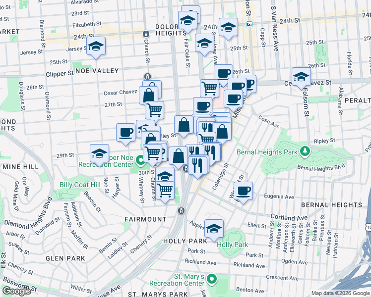 map of restaurants, bars, coffee shops, grocery stores, and more near in San Francisco