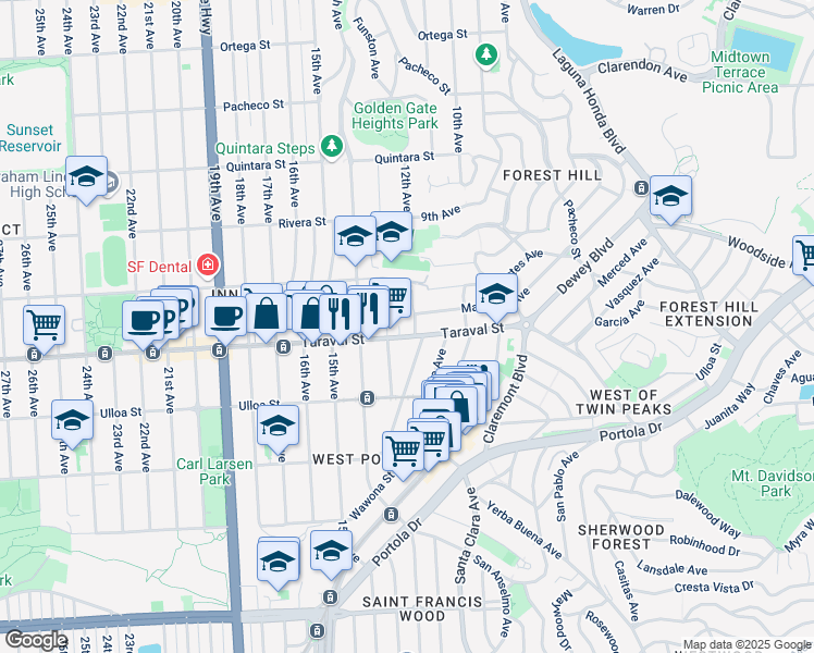 map of restaurants, bars, coffee shops, grocery stores, and more near 2412 Funston Avenue in San Francisco