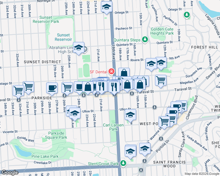 map of restaurants, bars, coffee shops, grocery stores, and more near 945 Taraval Street in San Francisco