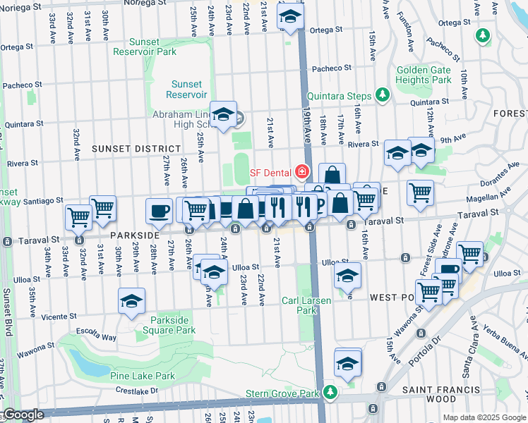 map of restaurants, bars, coffee shops, grocery stores, and more near 1108 Taraval Street in San Francisco