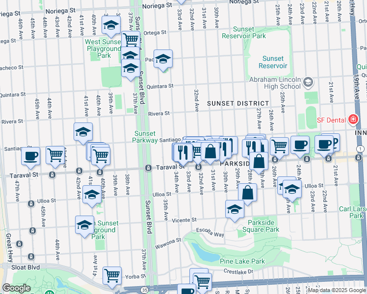 map of restaurants, bars, coffee shops, grocery stores, and more near 2366 34th Avenue in San Francisco