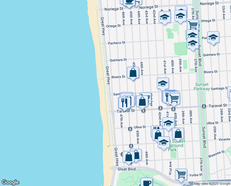 map of restaurants, bars, coffee shops, grocery stores, and more near 2330 48th Avenue in San Francisco