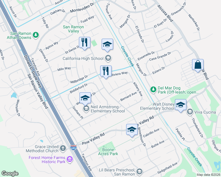 map of restaurants, bars, coffee shops, grocery stores, and more near 9821 Broadmoor Drive in San Ramon