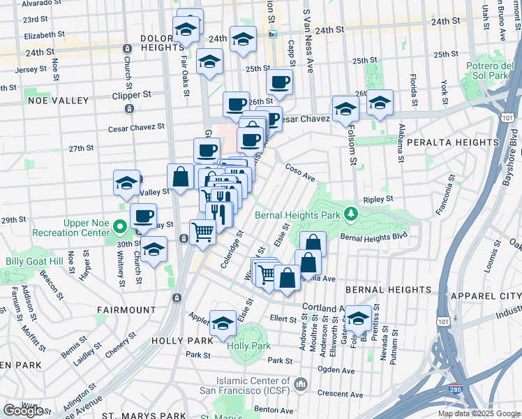 map of restaurants, bars, coffee shops, grocery stores, and more near in San Francisco
