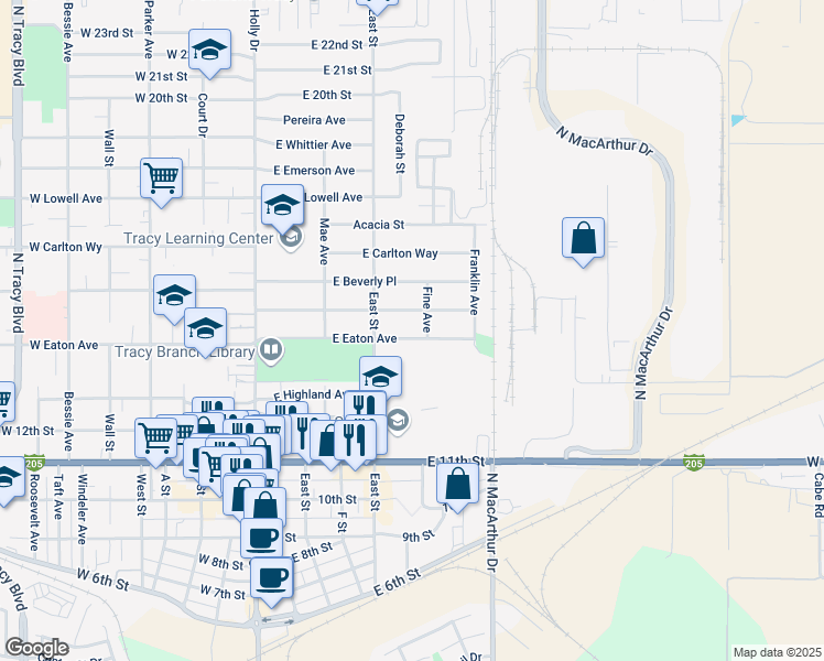 map of restaurants, bars, coffee shops, grocery stores, and more near 365 East Eaton Avenue in Tracy