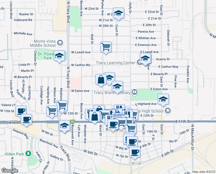 map of restaurants, bars, coffee shops, grocery stores, and more near 225 West Eaton Avenue in Tracy