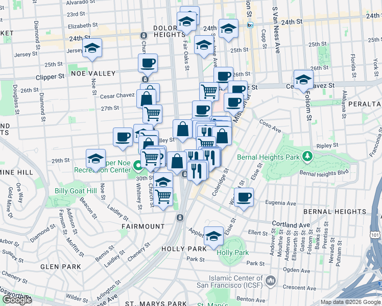 map of restaurants, bars, coffee shops, grocery stores, and more near 149 29th Street in San Francisco