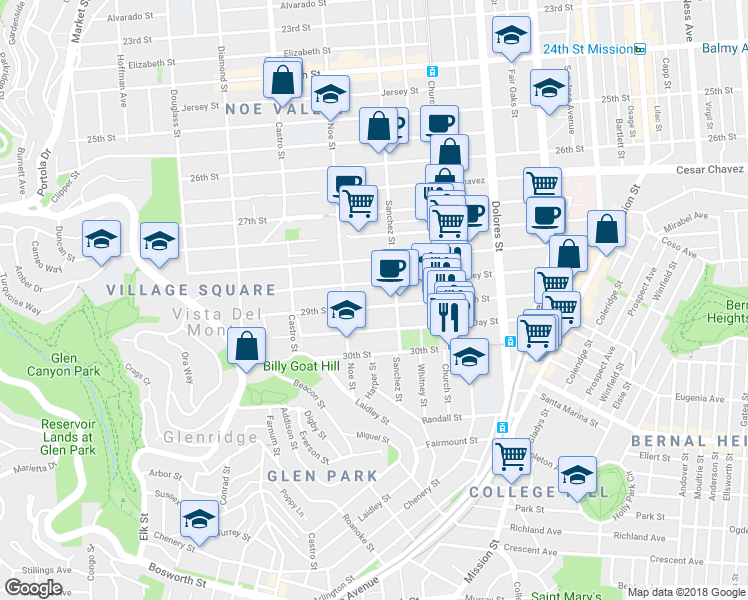 map of restaurants, bars, coffee shops, grocery stores, and more near 2 29th Street in San Francisco