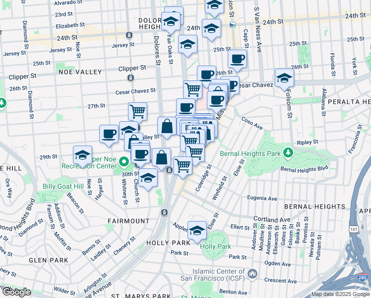 map of restaurants, bars, coffee shops, grocery stores, and more near 682 San Jose Avenue in San Francisco