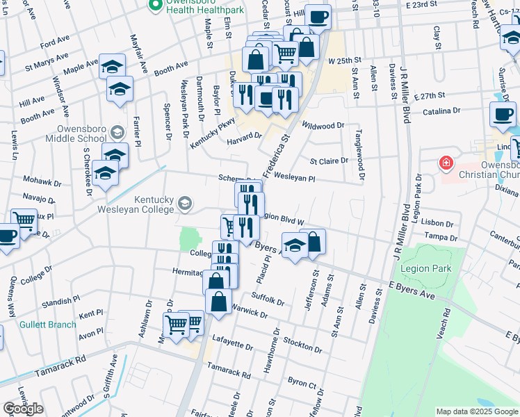 map of restaurants, bars, coffee shops, grocery stores, and more near 3013 Frederica Street in Owensboro