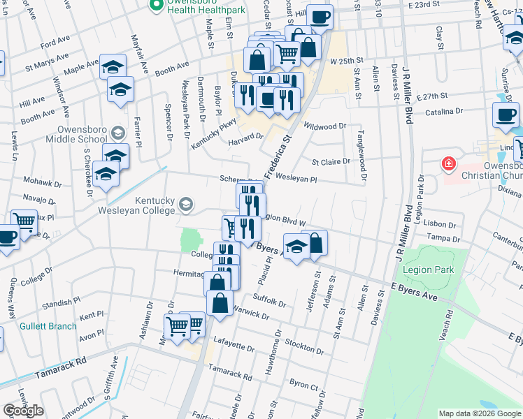 map of restaurants, bars, coffee shops, grocery stores, and more near 3013 Frederica Street in Owensboro