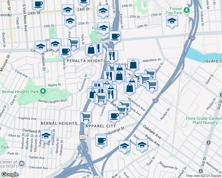 map of restaurants, bars, coffee shops, grocery stores, and more near 240 Bayshore Boulevard in San Francisco