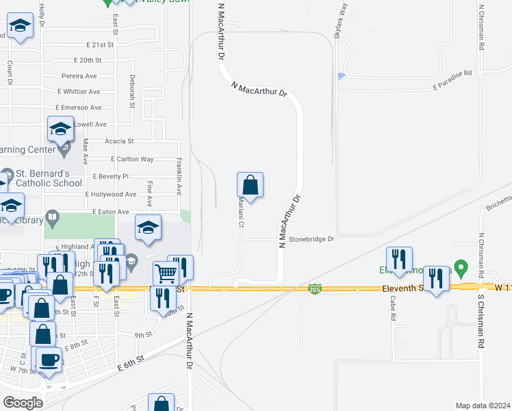 map of restaurants, bars, coffee shops, grocery stores, and more near 1428 Mariani Court in Tracy