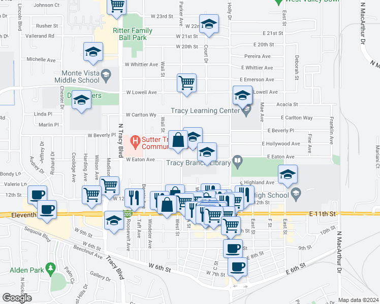 map of restaurants, bars, coffee shops, grocery stores, and more near 1470 Parker Avenue in Tracy
