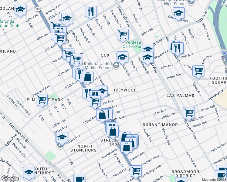 map of restaurants, bars, coffee shops, grocery stores, and more near 9900 Plymouth Street in Oakland