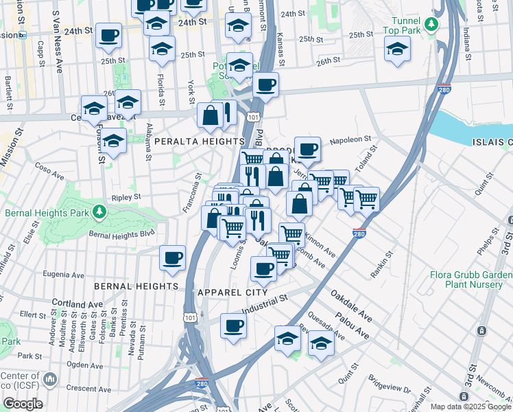 map of restaurants, bars, coffee shops, grocery stores, and more near 240 Bayshore Boulevard in San Francisco