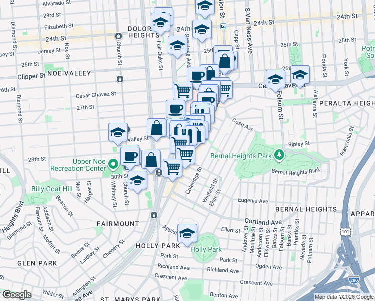 map of restaurants, bars, coffee shops, grocery stores, and more near in San Francisco