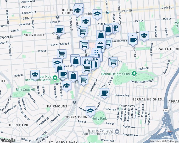 map of restaurants, bars, coffee shops, grocery stores, and more near in San Francisco