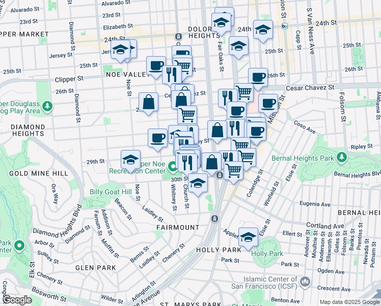 map of restaurants, bars, coffee shops, grocery stores, and more near 1644 Church Street in San Francisco