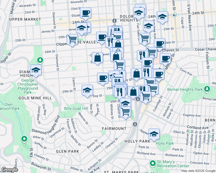 map of restaurants, bars, coffee shops, grocery stores, and more near 284 Valley Street in San Francisco