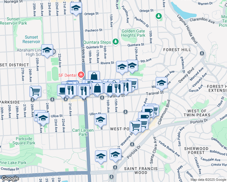 map of restaurants, bars, coffee shops, grocery stores, and more near 2330 Cecilia Avenue in San Francisco