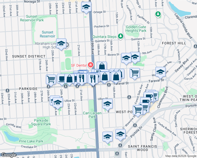 map of restaurants, bars, coffee shops, grocery stores, and more near 2319 18th Avenue in San Francisco