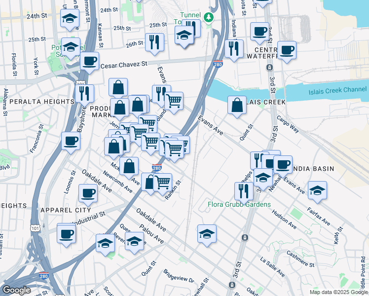 map of restaurants, bars, coffee shops, grocery stores, and more near 555 Selby Street in San Francisco