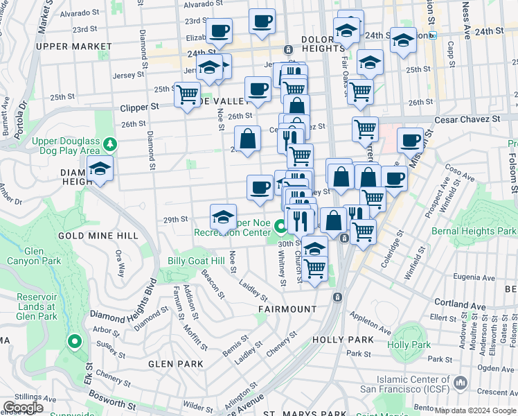 map of restaurants, bars, coffee shops, grocery stores, and more near 1580 Sanchez Street in San Francisco