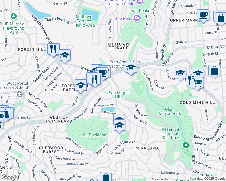 map of restaurants, bars, coffee shops, grocery stores, and more near 85 Teresita Boulevard in San Francisco