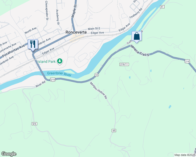 map of restaurants, bars, coffee shops, grocery stores, and more near 6084 Seneca Trail South in Ronceverte