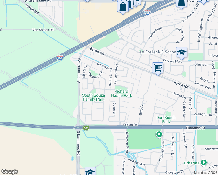 map of restaurants, bars, coffee shops, grocery stores, and more near 1505 Lankershire Drive in Tracy