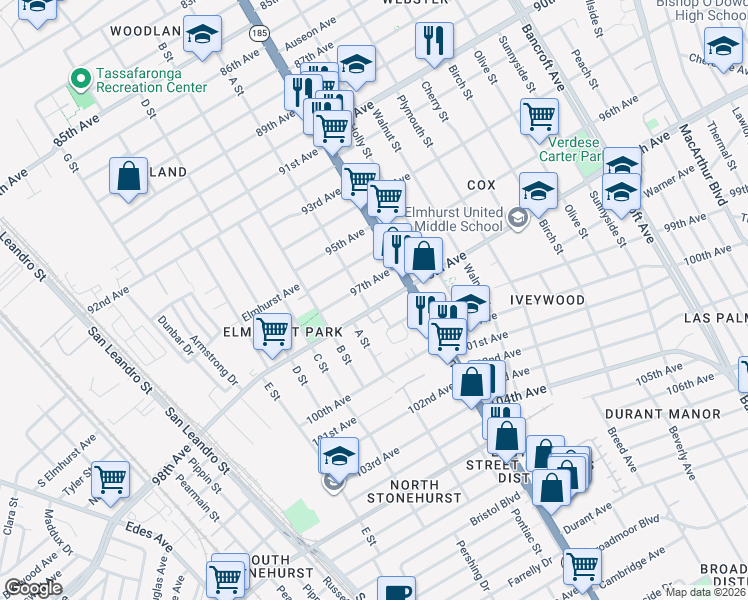 map of restaurants, bars, coffee shops, grocery stores, and more near 1322 97th Avenue in Oakland