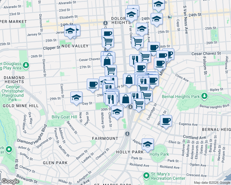 map of restaurants, bars, coffee shops, grocery stores, and more near 121 Valley Street in San Francisco