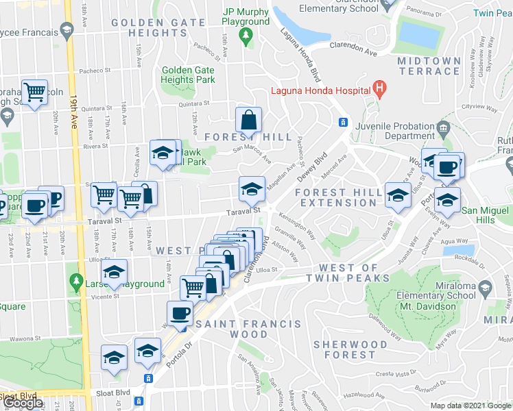 map of restaurants, bars, coffee shops, grocery stores, and more near 400 Magellan Avenue in San Francisco