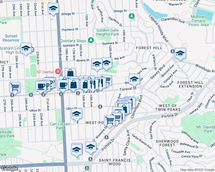 map of restaurants, bars, coffee shops, grocery stores, and more near 2334 Funston Avenue in San Francisco
