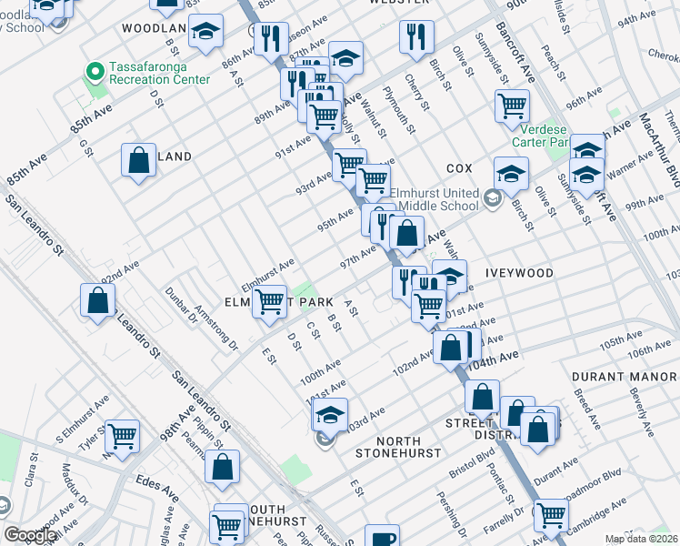 map of restaurants, bars, coffee shops, grocery stores, and more near 1238 97th Avenue in Oakland
