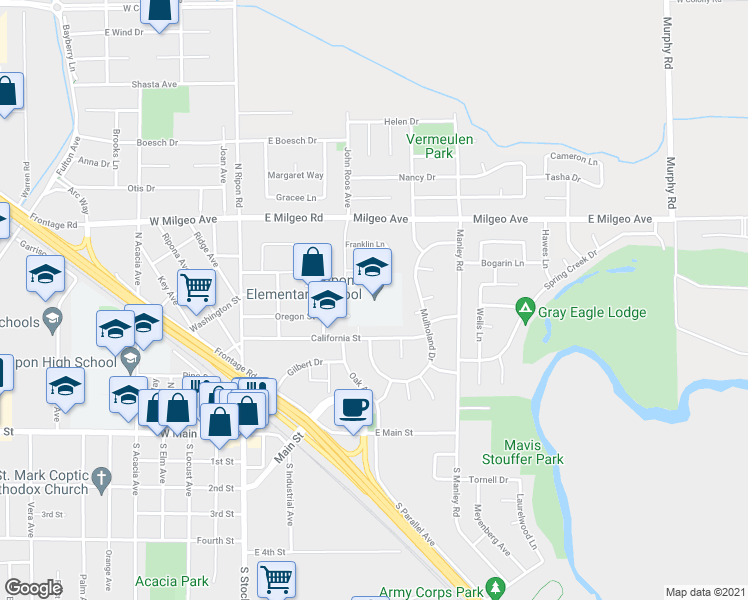 map of restaurants, bars, coffee shops, grocery stores, and more near 415 Oregon Street in Ripon