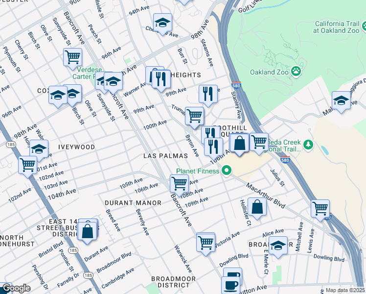 map of restaurants, bars, coffee shops, grocery stores, and more near in Oakland