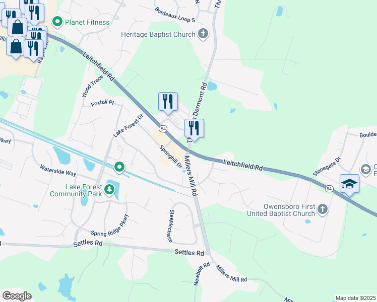 map of restaurants, bars, coffee shops, grocery stores, and more near 4518 Millers Mill Road in Owensboro